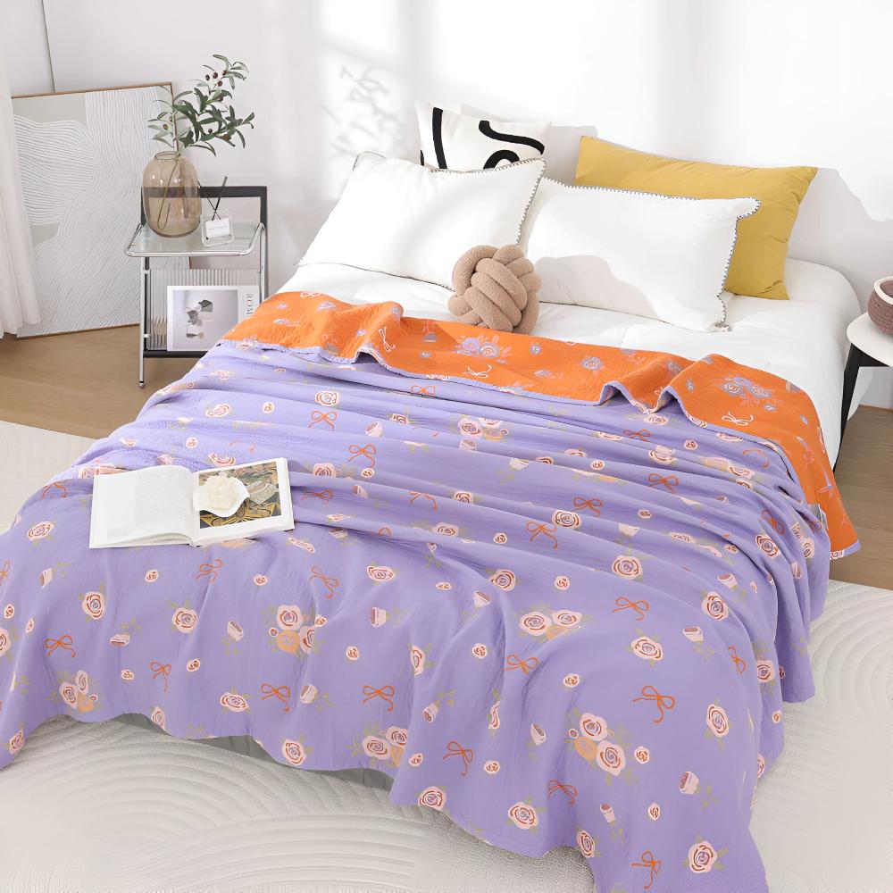 Reversible Bow-Knot and Rose Cotton Gauze Blanket