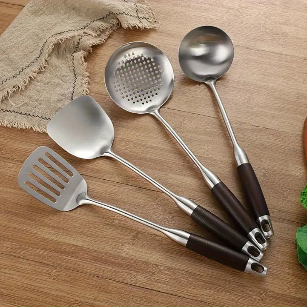 Stainless Steel Wooden Utensil Set with Ergonomic Handles - 6 Pieces