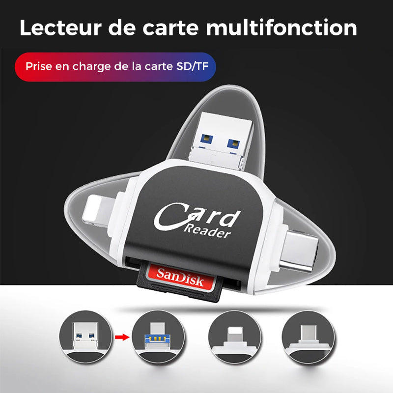 4-in-1 Universal SD TF Card Reader with Lightning and USB Connectors