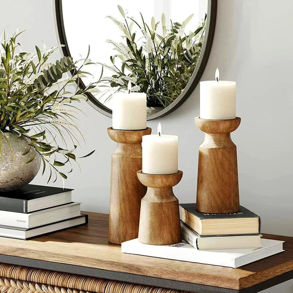 Heirloom Handcrafted Pine Wooden Candle Holders Set of 3