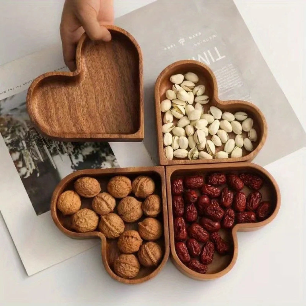 Heart-Shaped Solid Nut Wood Snack Trays - Set of 4