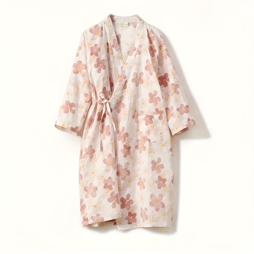Floral Cotton Yukata Bathrobe with Adjustable Waist