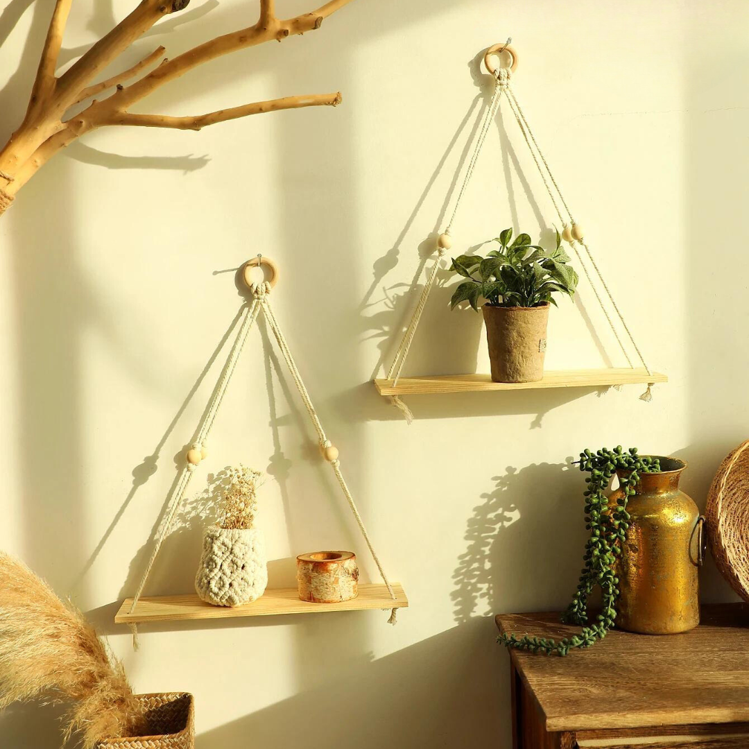 Wooden Macrame Floating Wall Shelf - Boho Rustic Home Decor