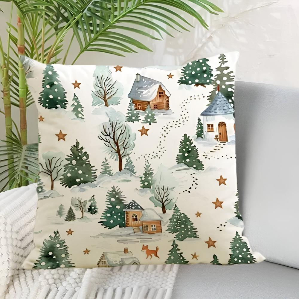 Winter Christmas Cushion Cover with Snowman and Reindeer Prints