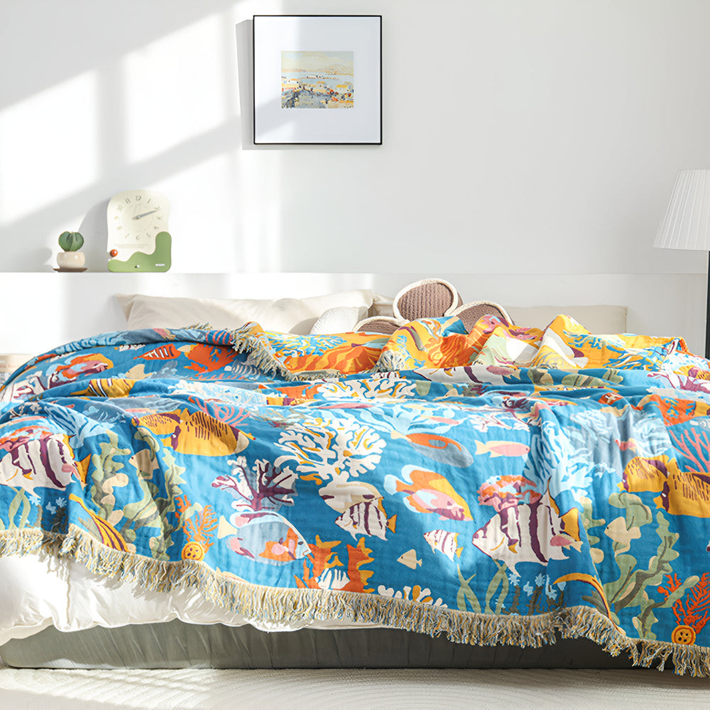 Underwater Coral Cotton Blanket with Colorful Fish Design