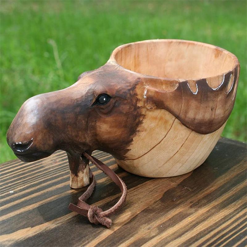 Hand-Carved Wooden Camping Mug with Leather Strap