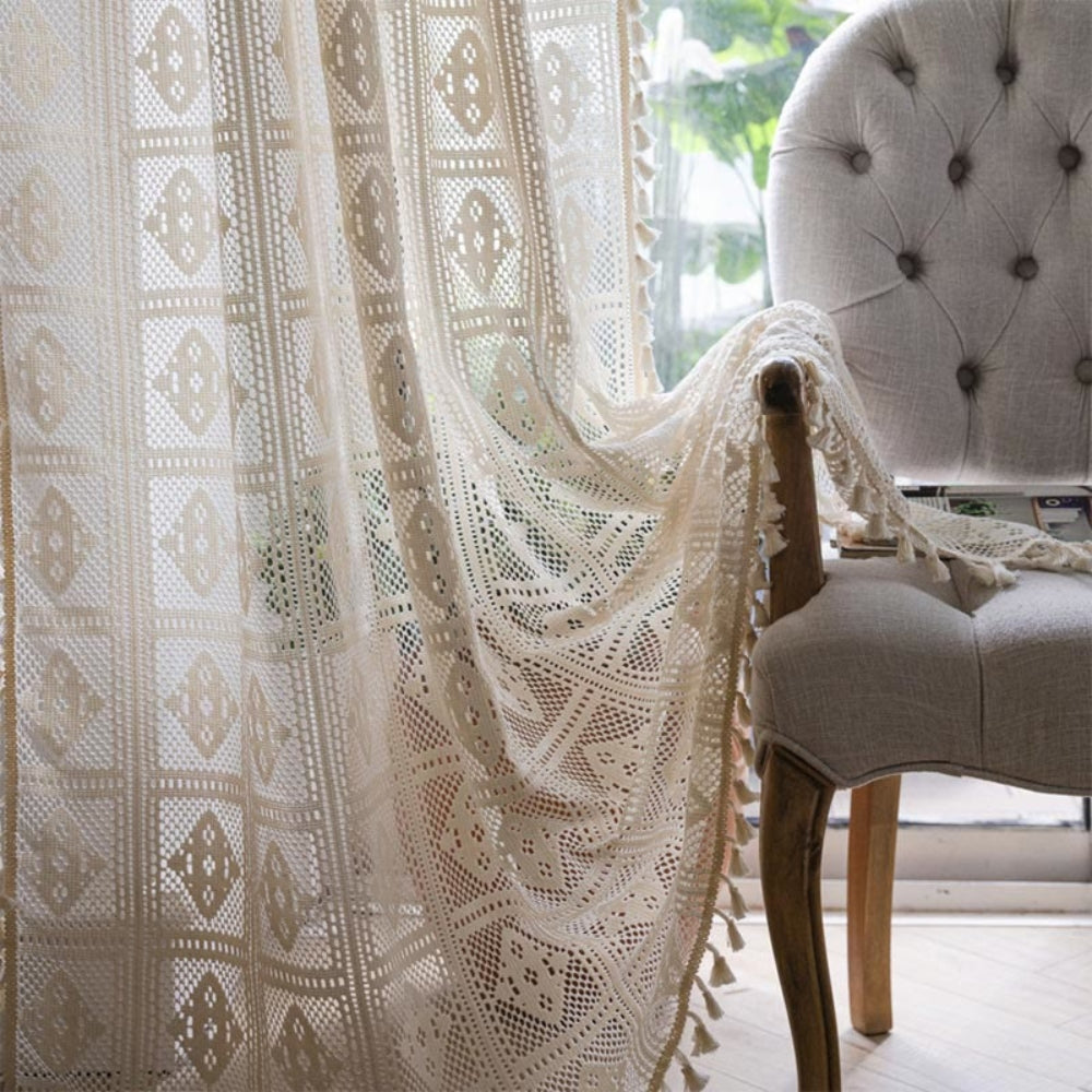 Light Filtering Rhombus Plaid Lace Curtain