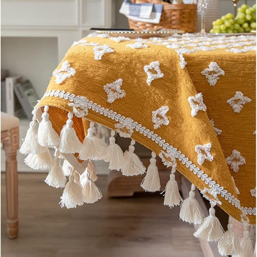 Yellow Embroidered Cotton Tablecloth with Tassels