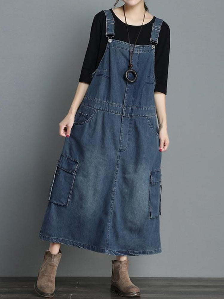 Loose Fit Vintage Denim Overall Dress with Adjustable Straps