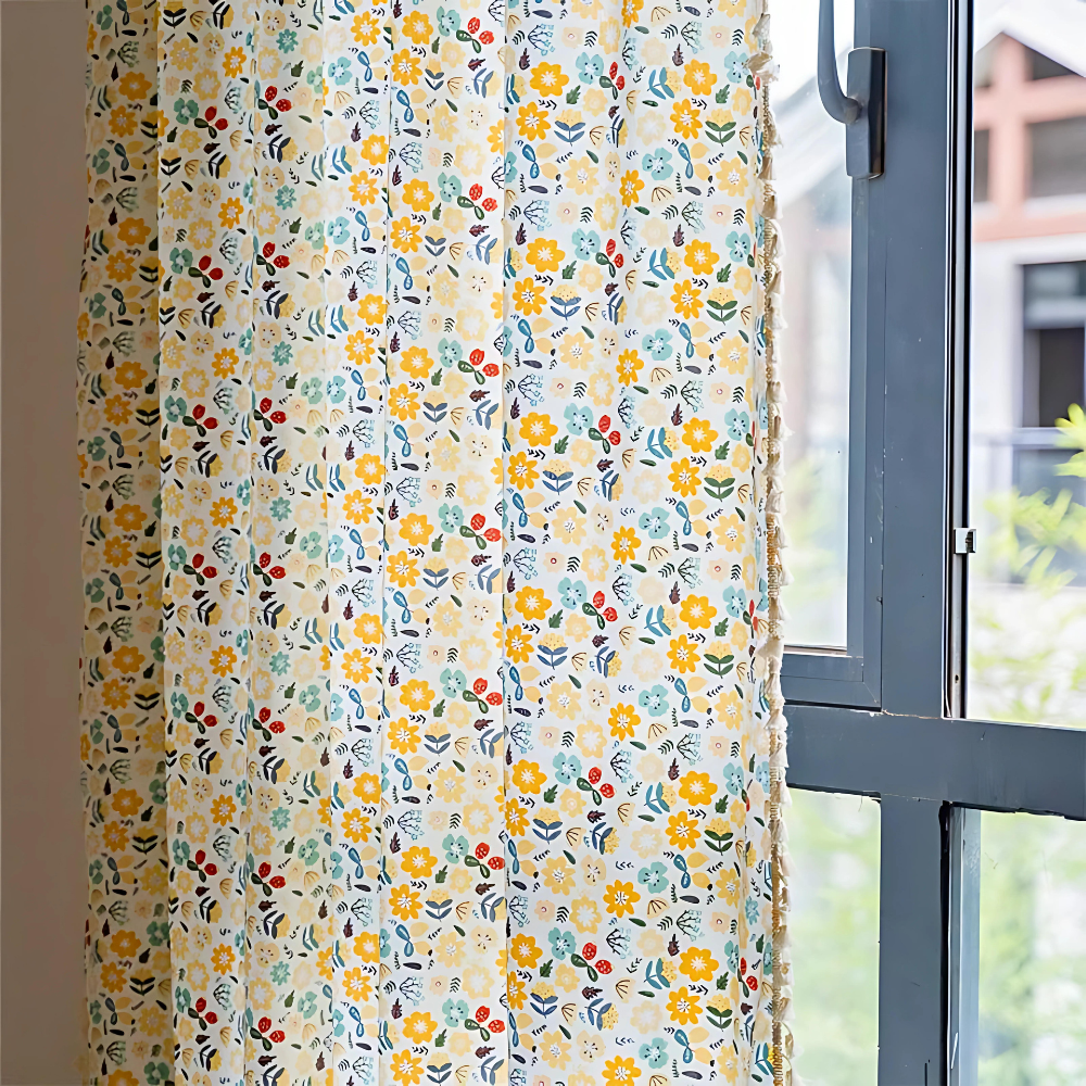 Yellow Flower Tassel Semi-Blackout Curtain
