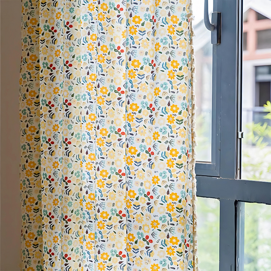Yellow Flower Tassel Semi-Blackout Curtain