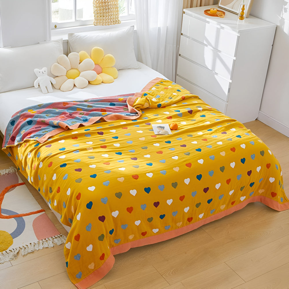 Reversible Cotton Blanket with Whimsical Heart Patterns