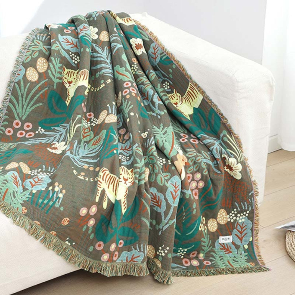Reversible Cotton Gauze Blanket with Tassel Trim
