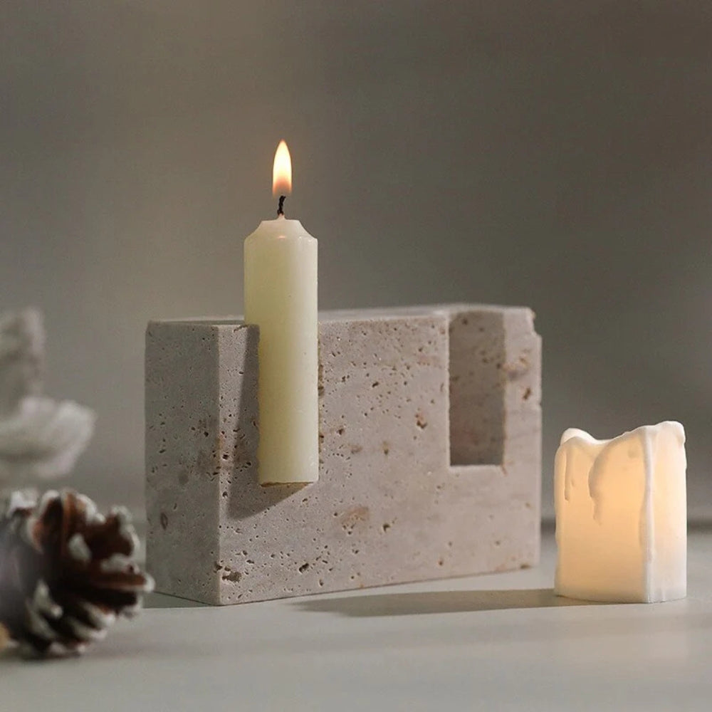 Dual Travertine Marble Taper Candle Holder