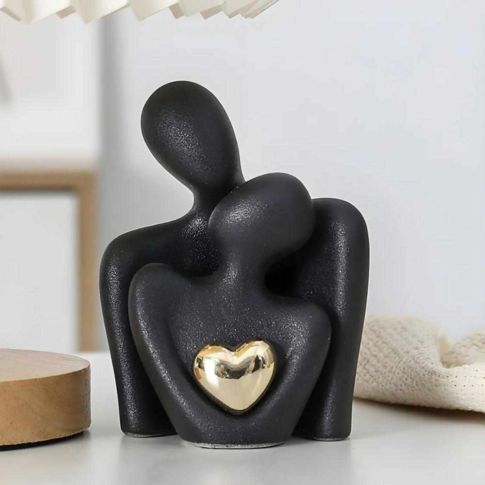 Abstract Lovers Figurine with Golden Heart - Modern Resin Sculpture