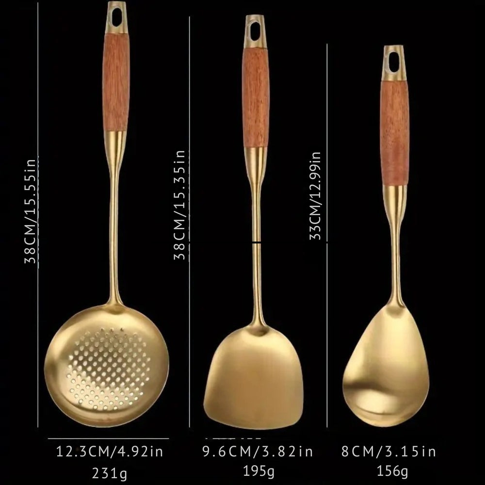 Golden Stainless Steel Kitchen Utensil Set with Wooden Handles