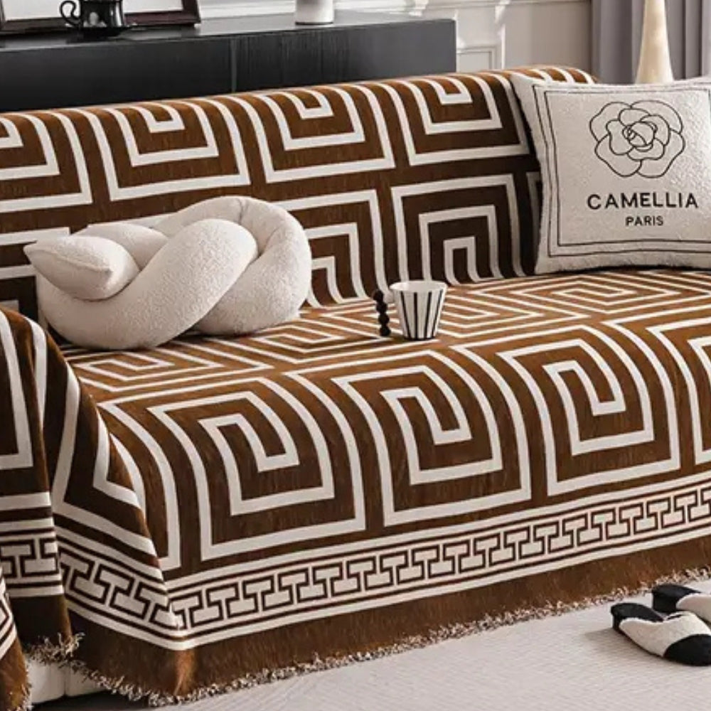 Chenille Sofa Cover with Bohemian Tassels and Greek Key Design