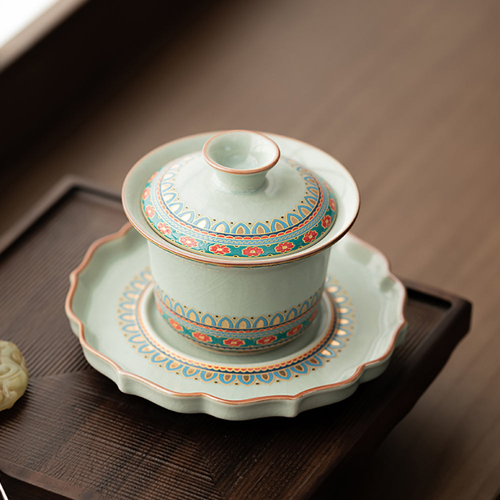 Sky Blue Ruyao Porcelain Gaiwan with Baoxiang Flower Motif