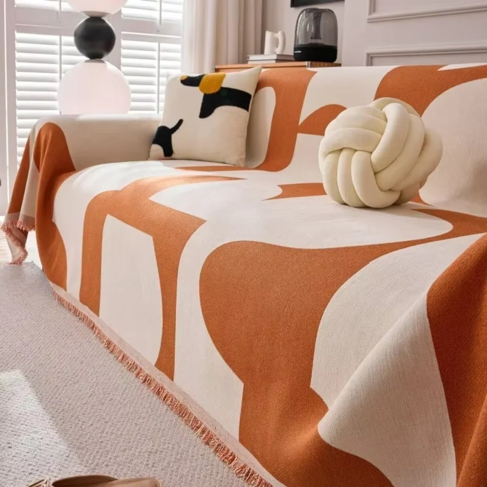 Double-Sided Boho Chenille Sofa Cover with Tassel Trim