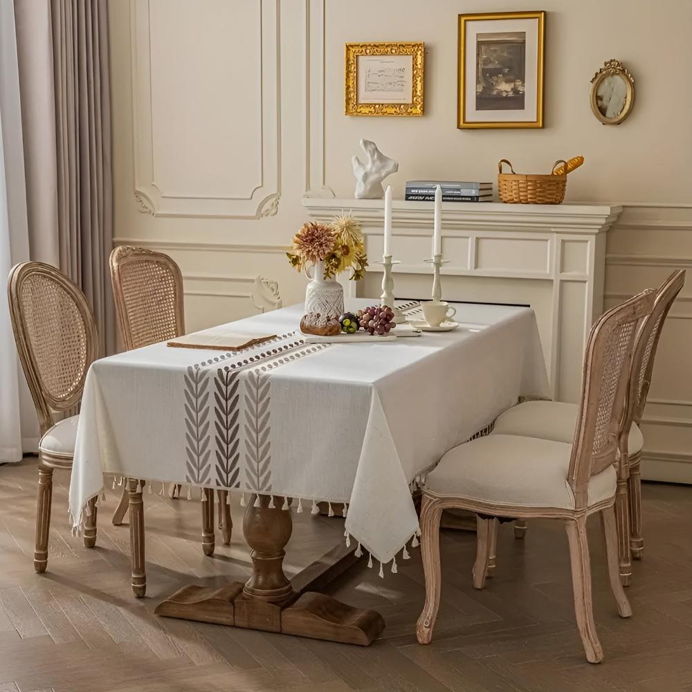 Embroidered Leaf Tablecloth with Tassel Edges