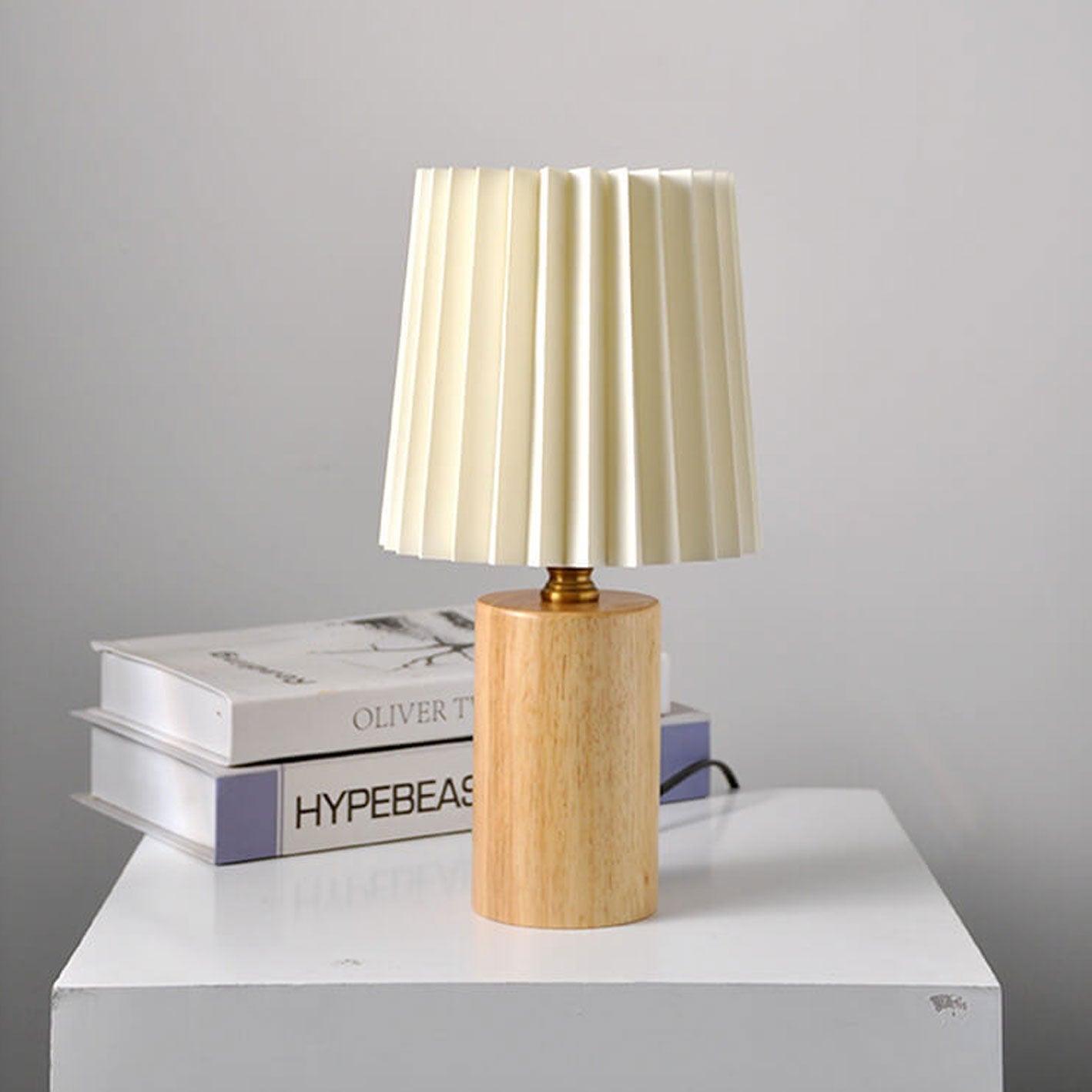 Vintage Korean Pleated Table Lamp with Solid Wood Base