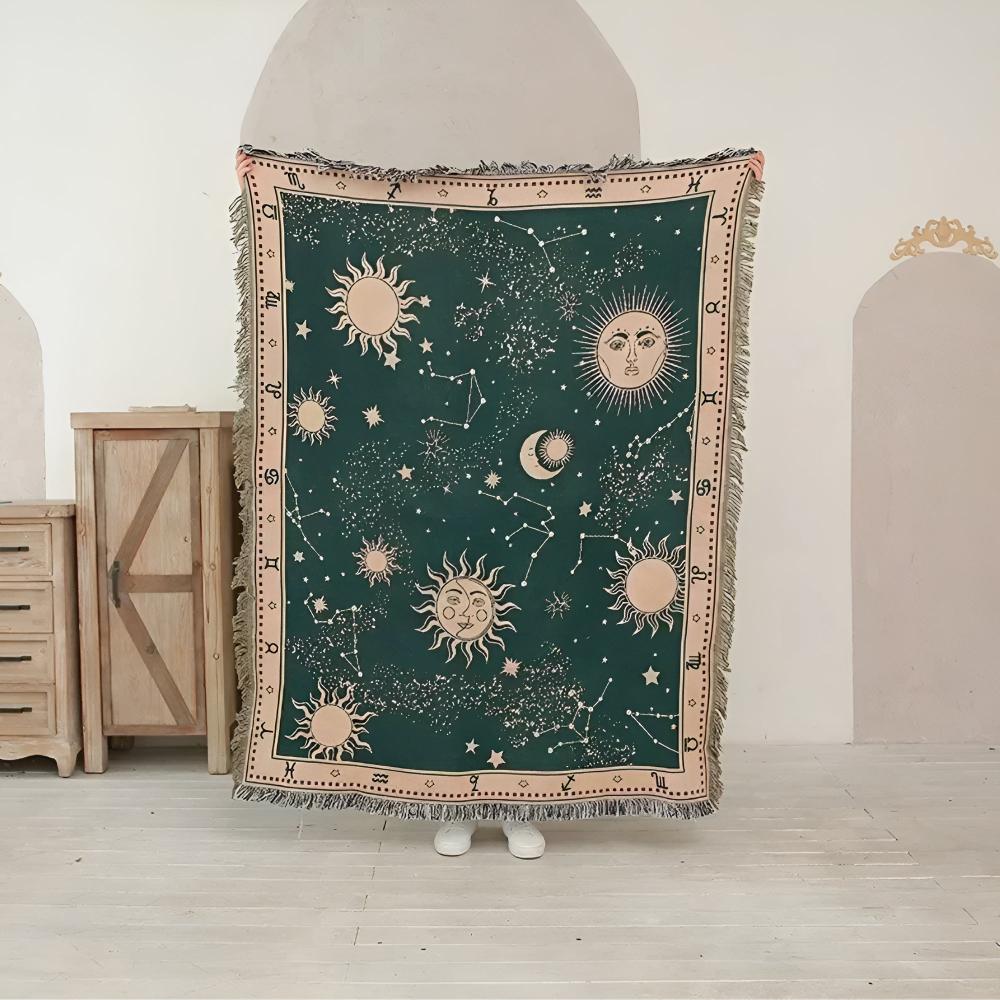 Reversible Sun Moon Stars Celestial Blanket with Tassels