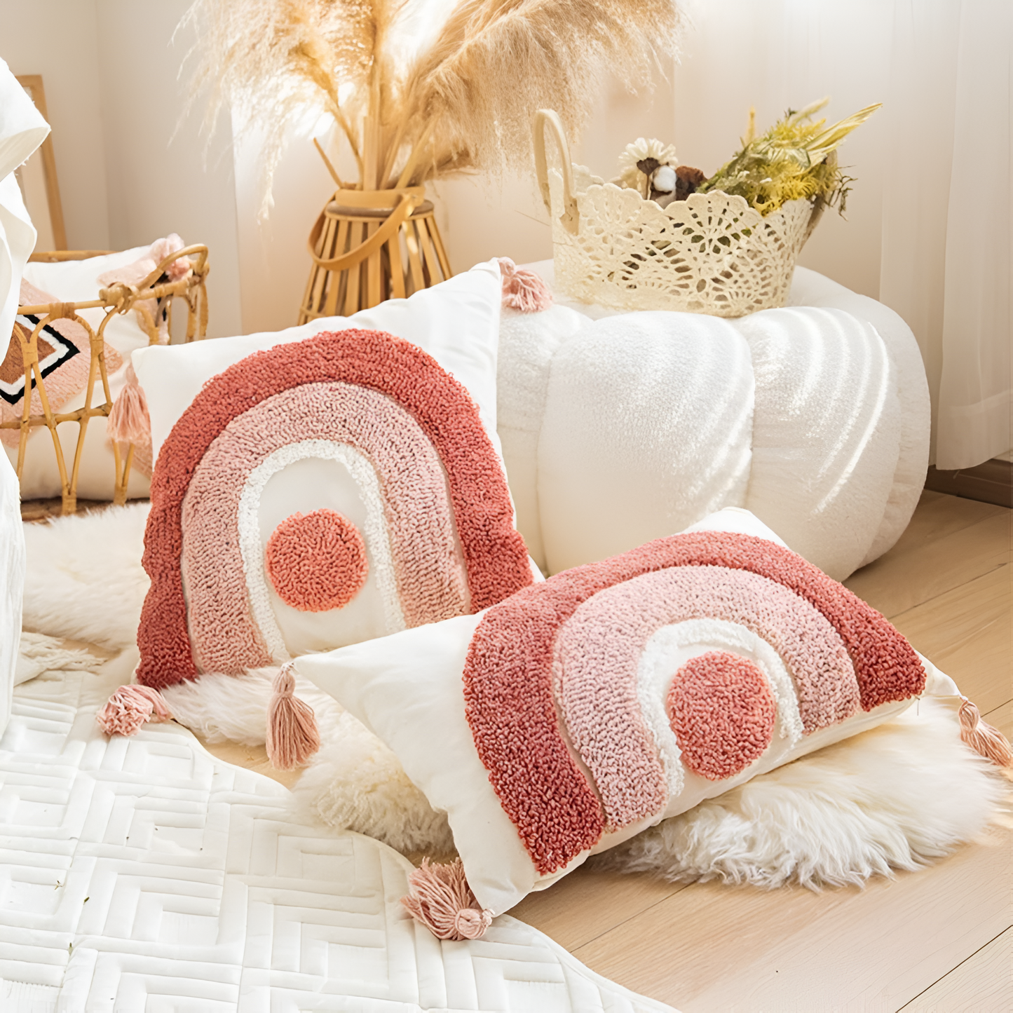 Tufted Cotton Rainbow Geometric Cushion Cover