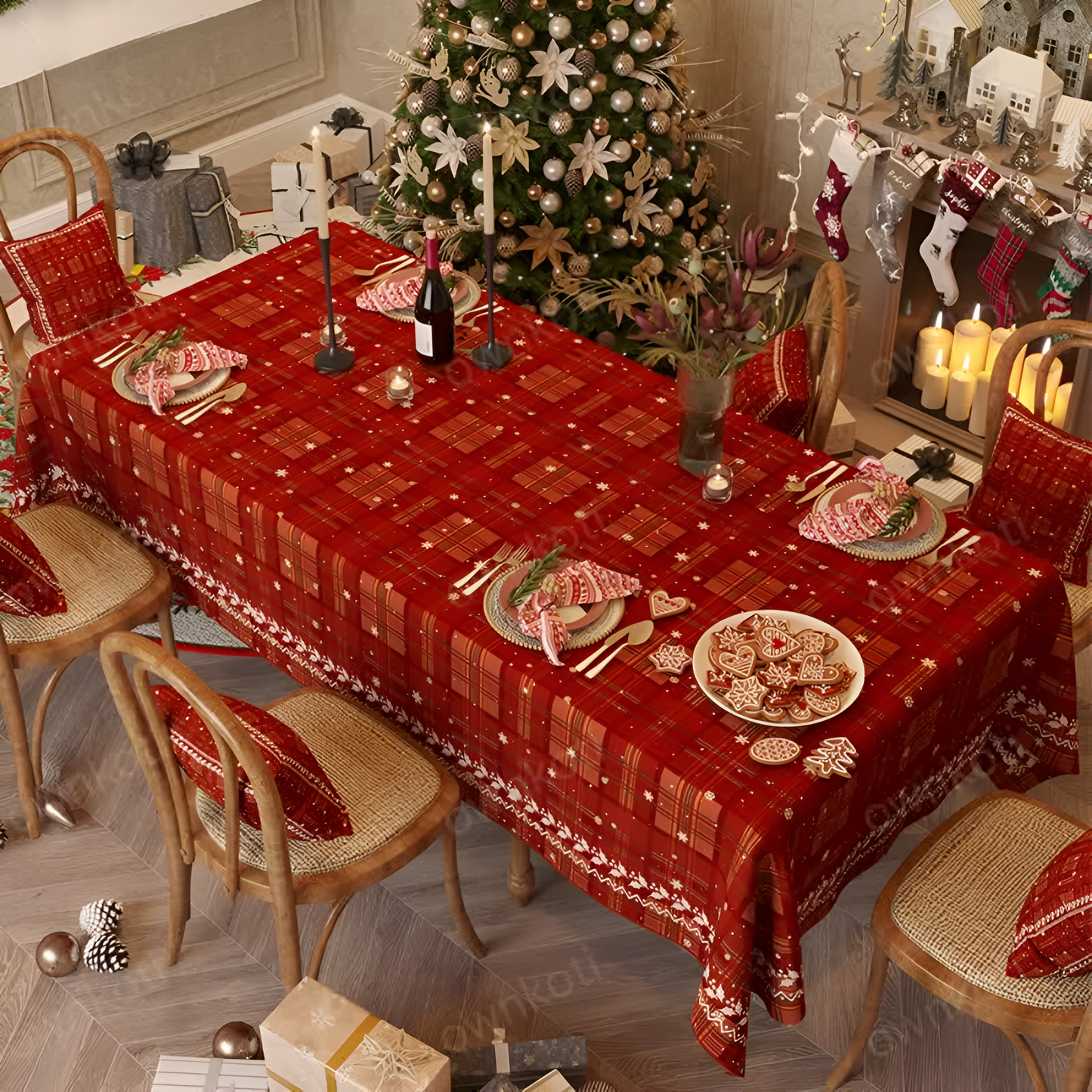 Festive Red Plaid Chenille Tablecloth