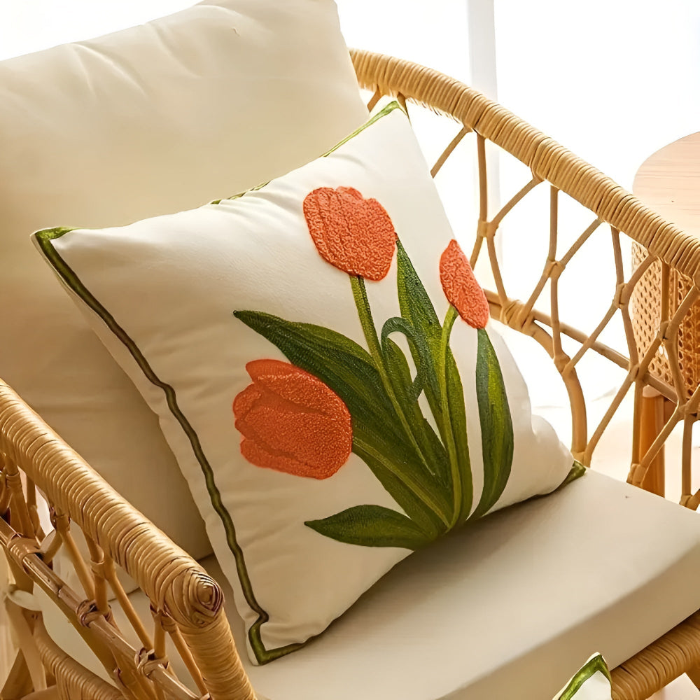Boho-Chic Floral Embroidered Cotton Cushion Cover