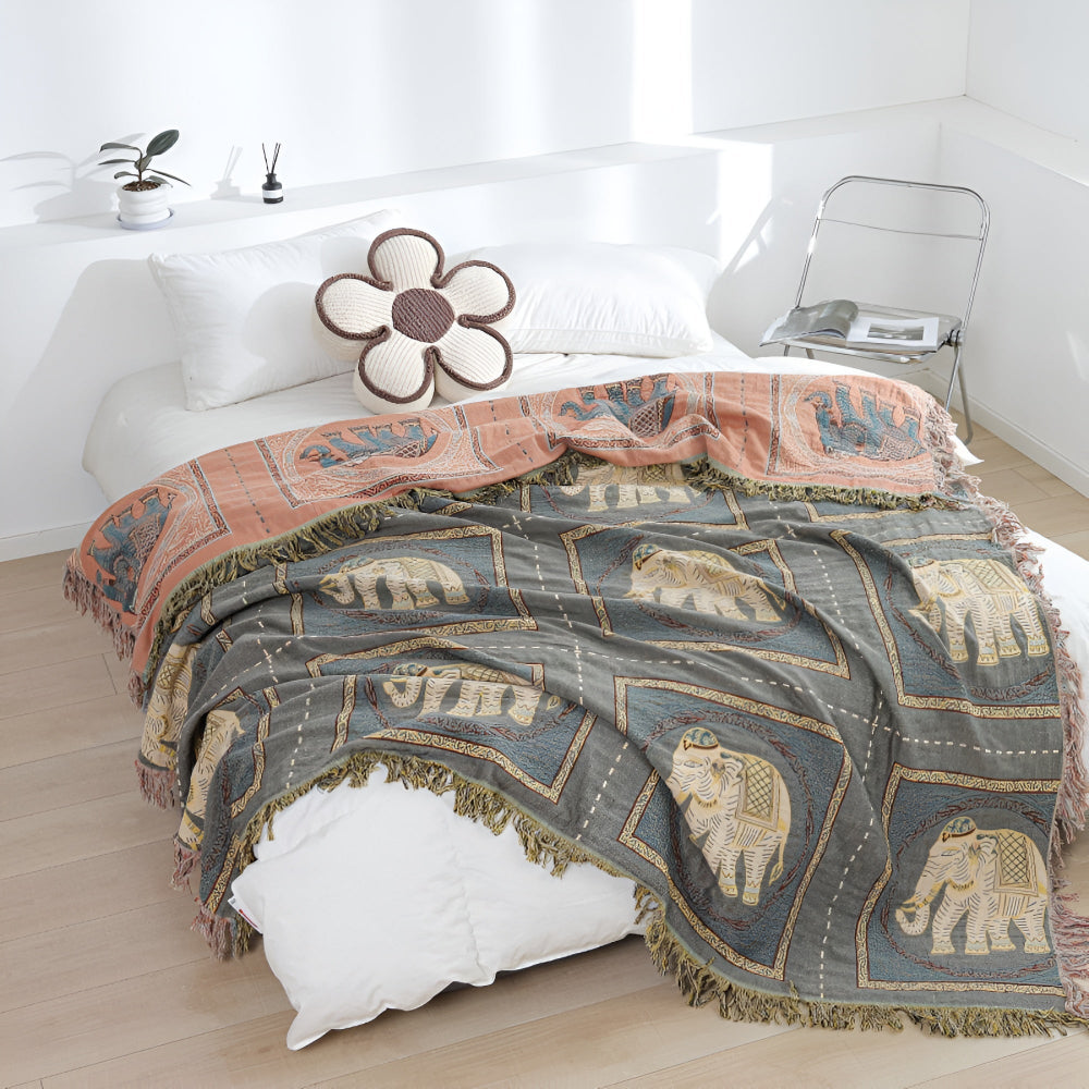 Elephant Print Cotton Gauze Tassel Blanket