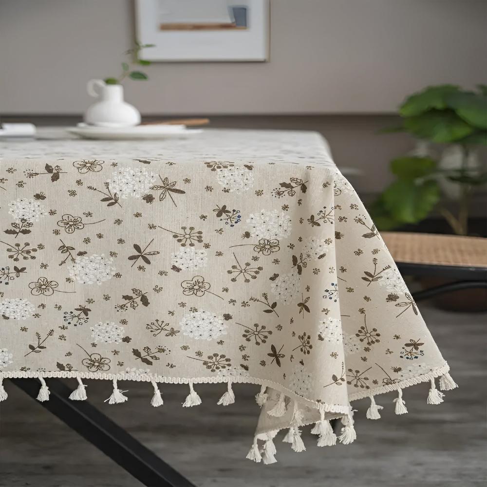 Beige Bohemian Floral Tassel Tablecloth