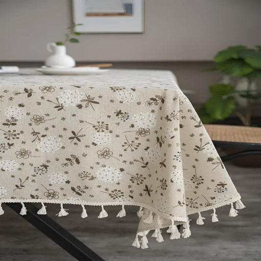 Beige Bohemian Floral Tassel Tablecloth