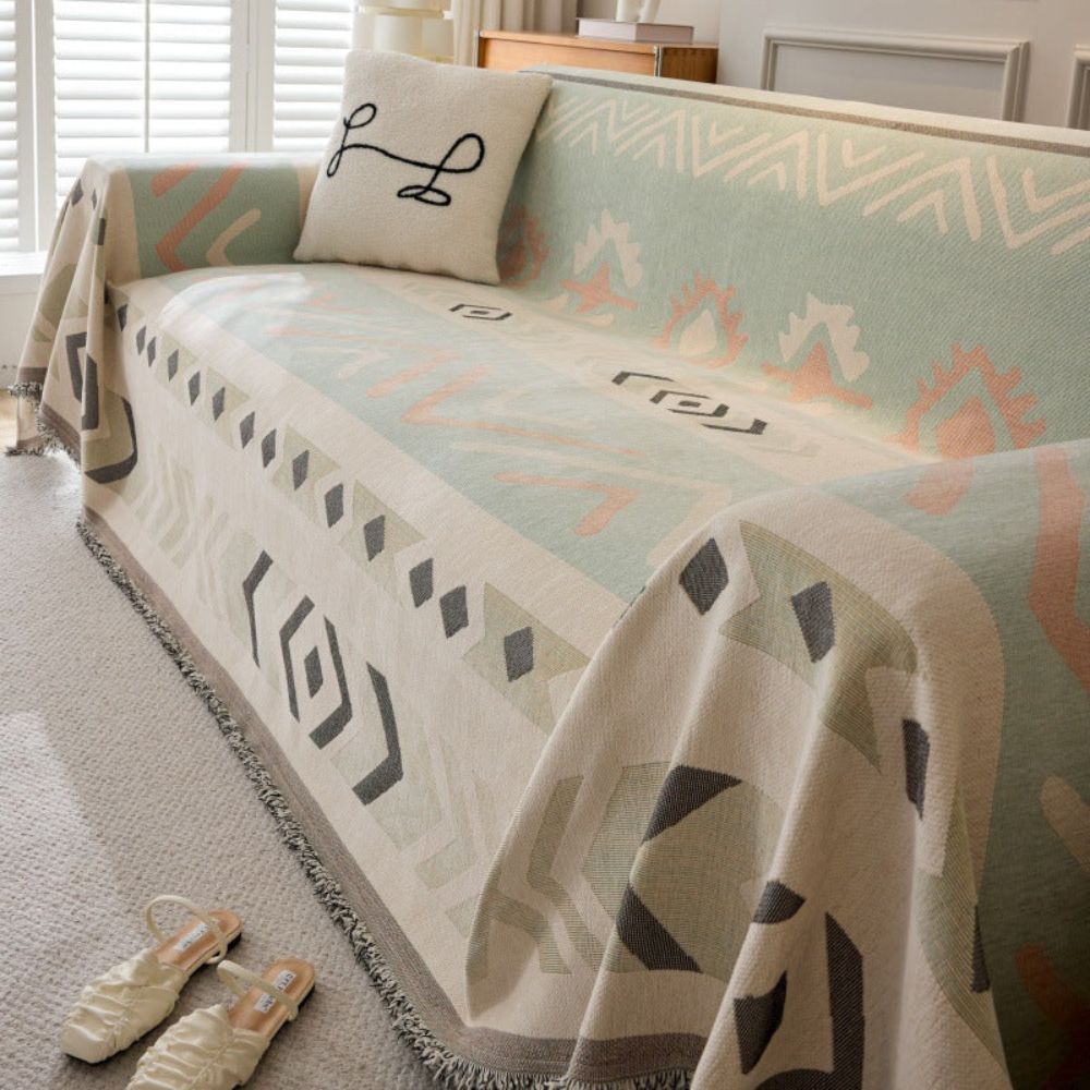 Reversible Chenille Sofa Cover with Fringe - Whispering Vines Design