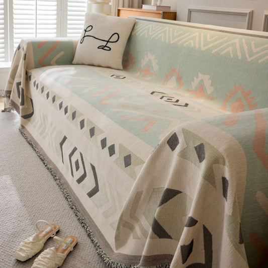 Reversible Chenille Sofa Cover with Fringe - Whispering Vines Design