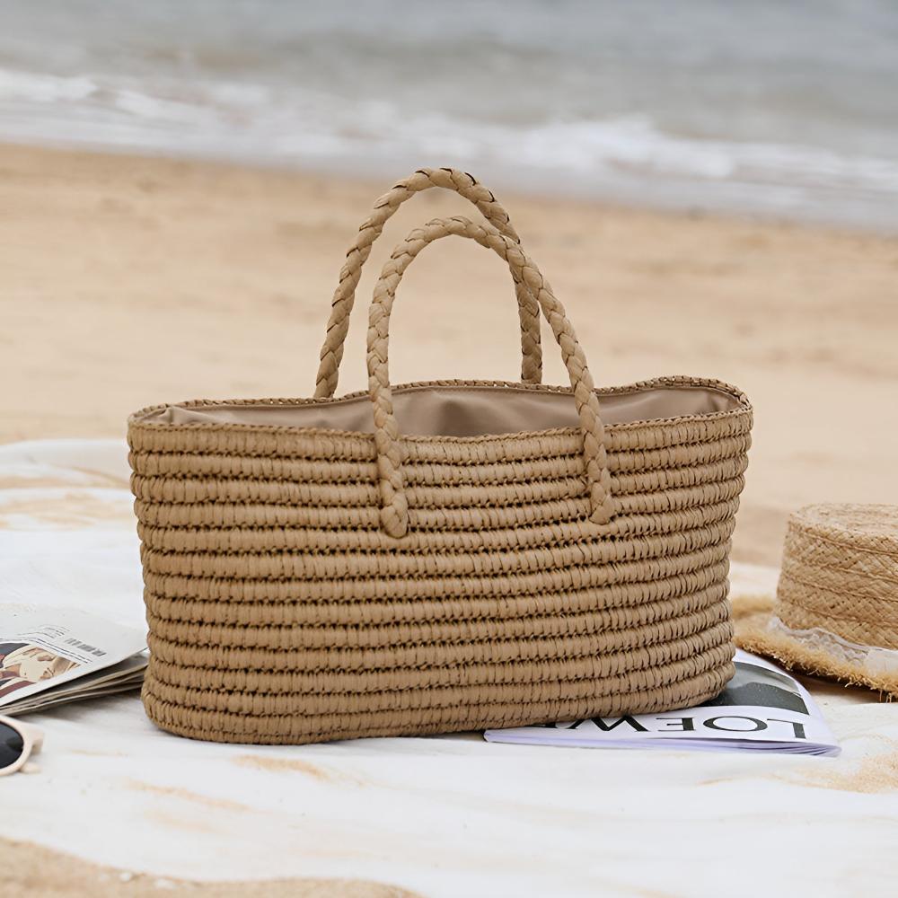 Natural Woven Straw Tote Bag with Drawstring Closure