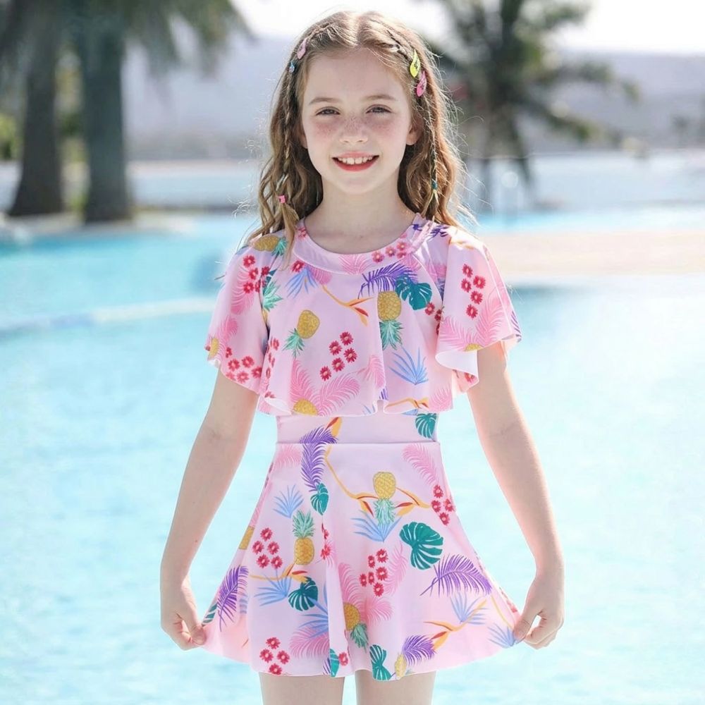 Girls' Quick-Drying Swimsuit Set with Skirt for Beach and Pool