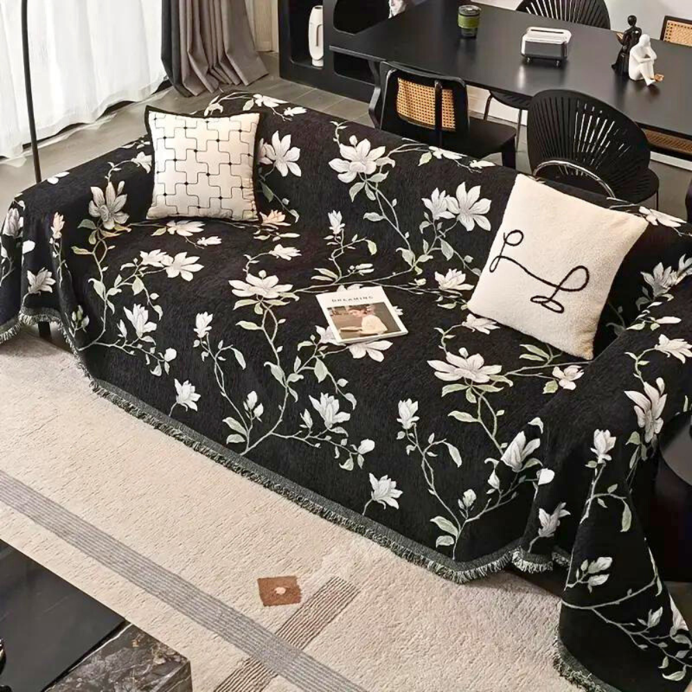 Vintage Floral Chenille Sofa Protector with Tassels