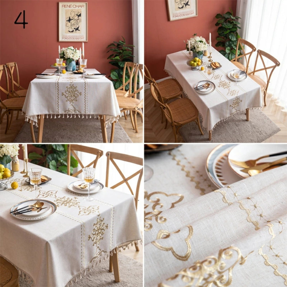 Embroidered Ivory Tablecloth with Jacquard Detailing