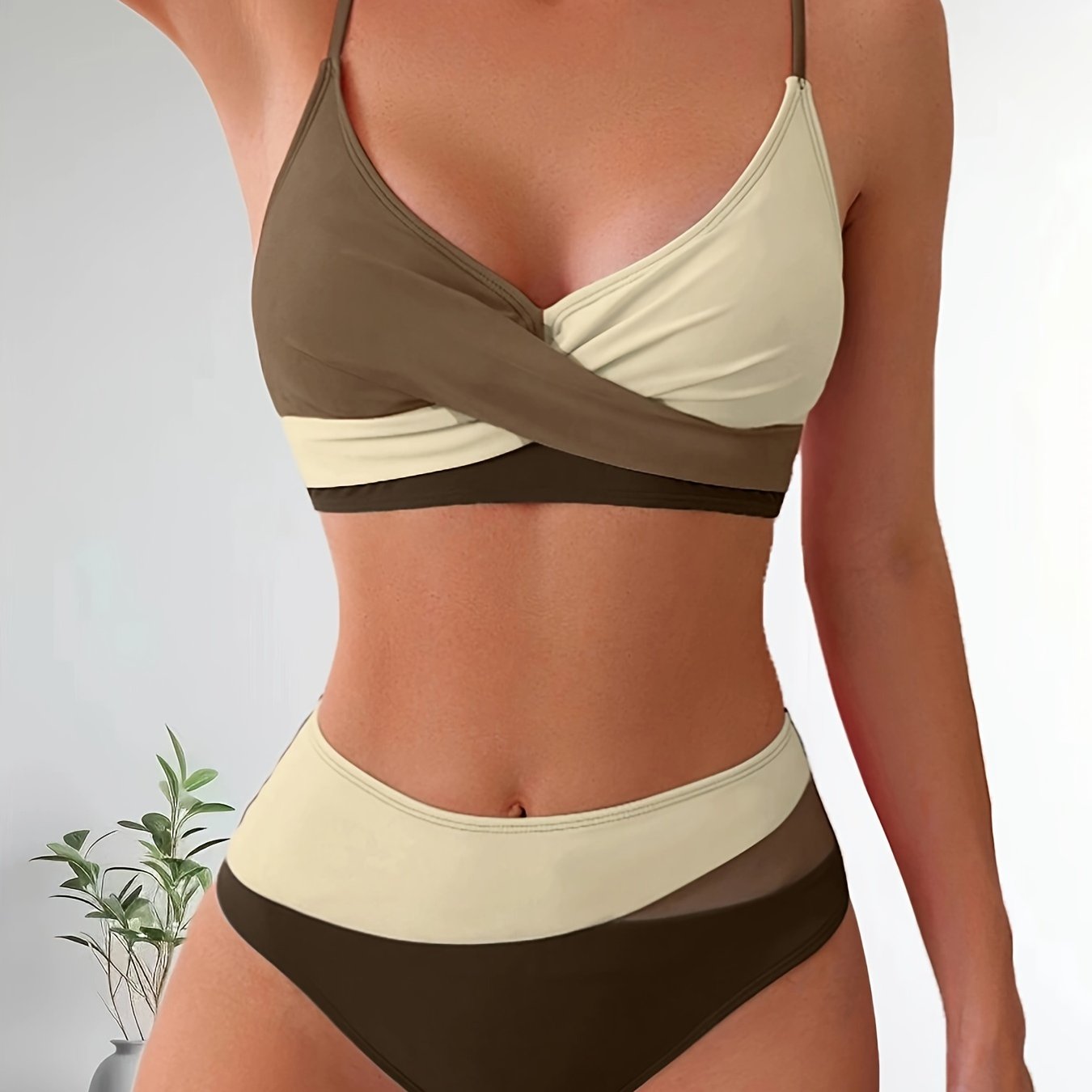 Patchwork V-Neck Bikini Swimsuit with Adjustable Straps