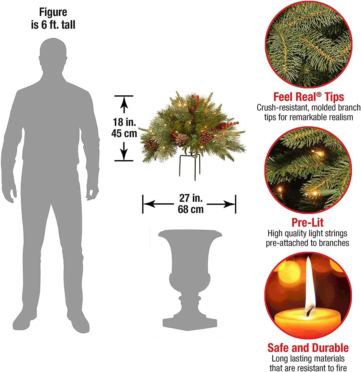 Pre-lit Feel Real Artificial Christmas Urn Filler with Timer and LED Lights
