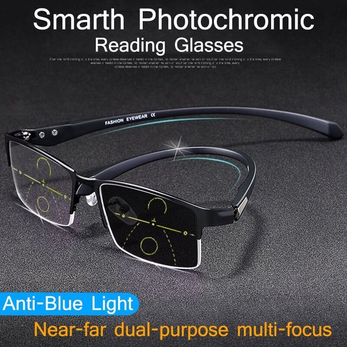 Lightweight Titanium Progressive Reading Glasses with Photochromic Blue Light Protection