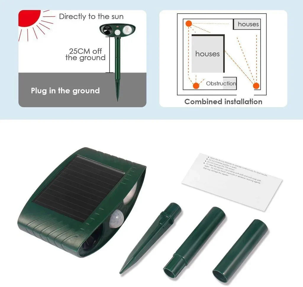 Solar Powered Ultrasonic Deer Repeller - Motion Activated Animal Scarer - 2425 Sq Ft Coverage