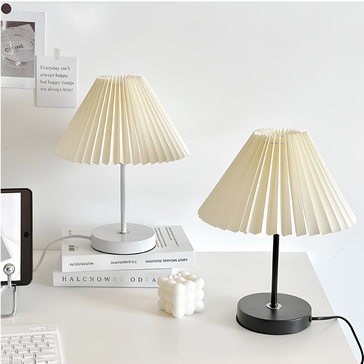 Dimmable Pleated Fabric Table Lamp with Iron Base