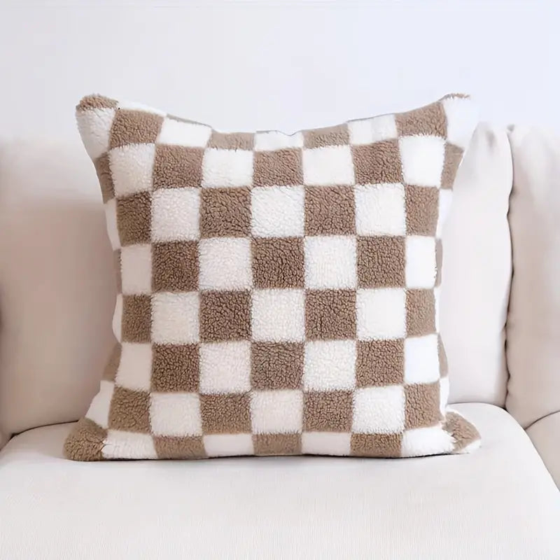Checkerboard Faux Fur Pillowcase in Khaki and Coffee