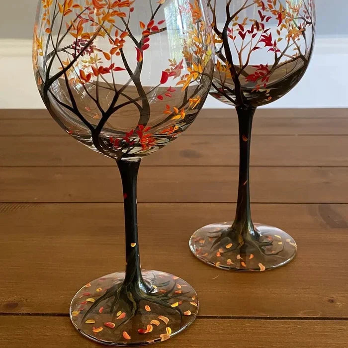 Hand Painted Four Seasons Tree Wine Glasses