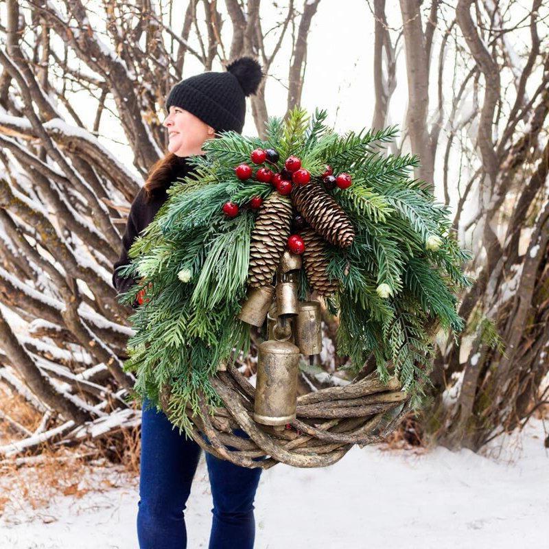 Boho Farmhouse Christmas Wreath with Pinecones and Bells