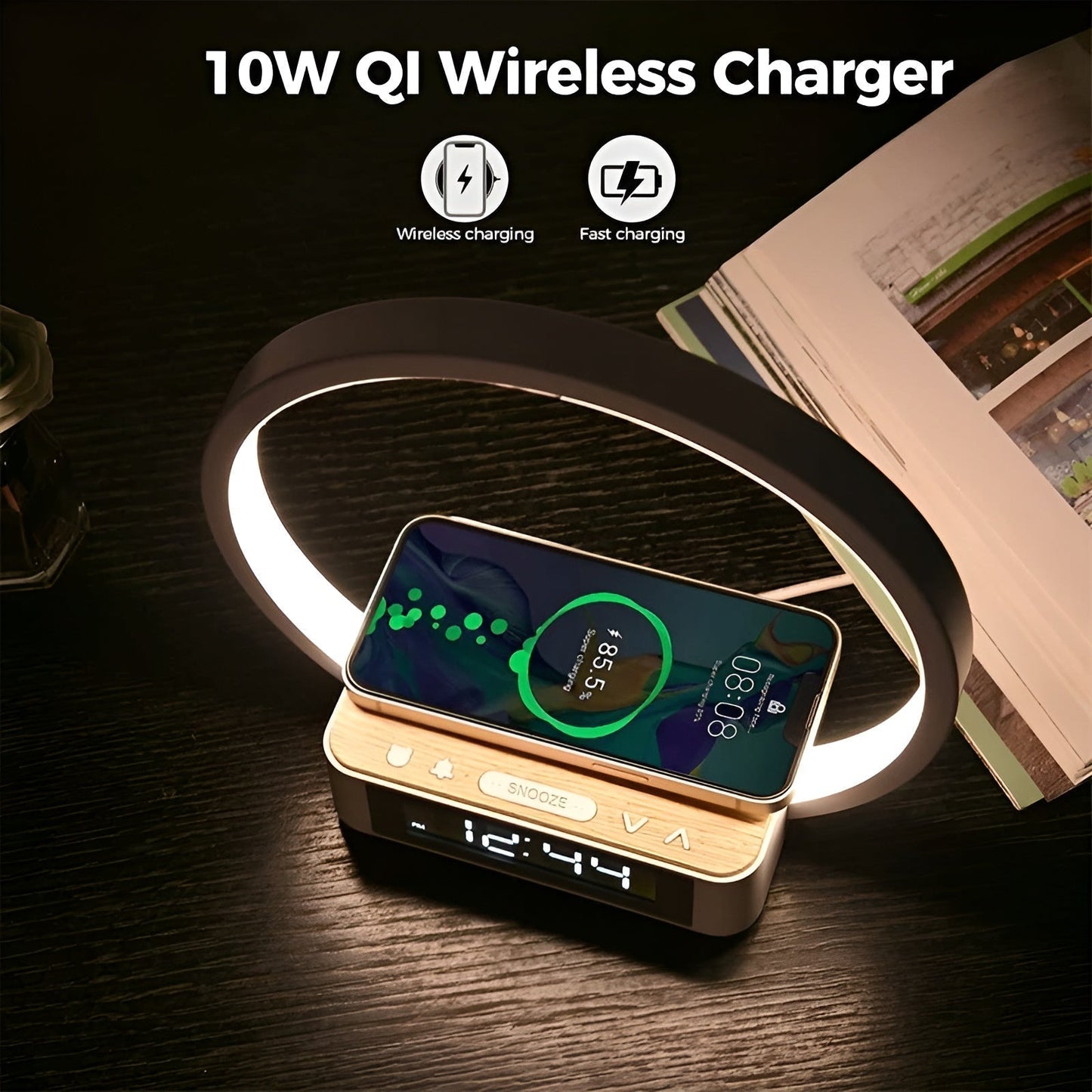 Modern LED Table Lamp with Wireless Charger and Alarm Clock