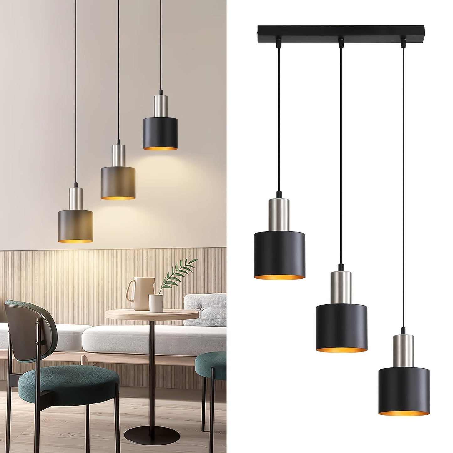 Black and Gold Industrial Pendant Light with Adjustable Height
