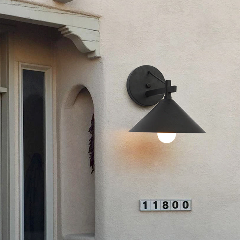Vintage Metal Cone Wall Light - Industrial Outdoor Fixture in Black, Antique Brass, or Aged Silver