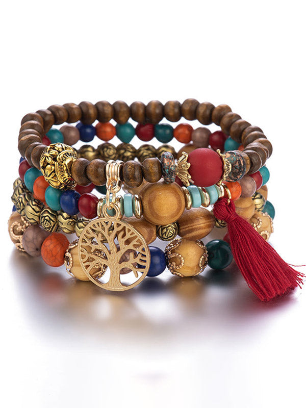 Tree of Life Beaded Bracelet Set with Golden Charm and Tassel